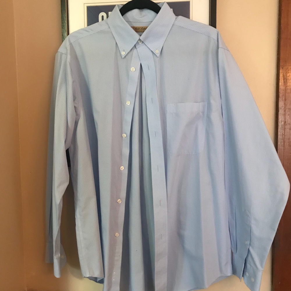 Men’s blue and white check button down shirt